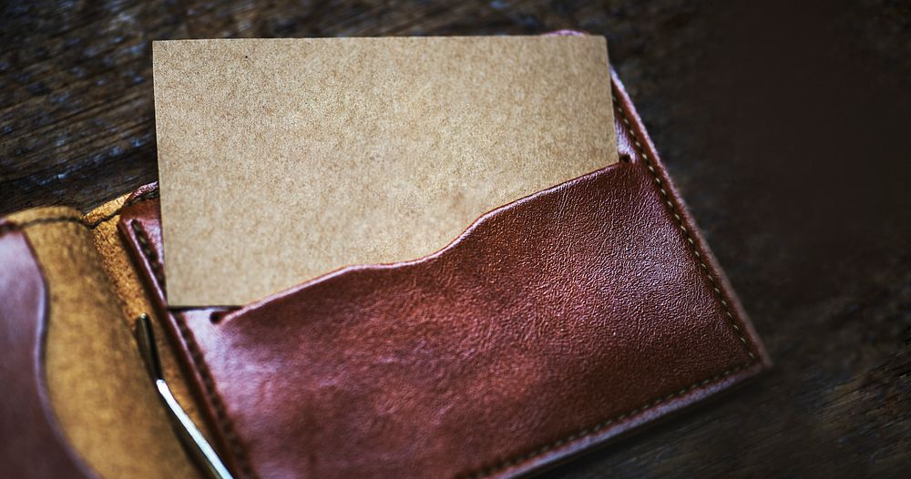 Name card mockup in a leather wallet website banner template