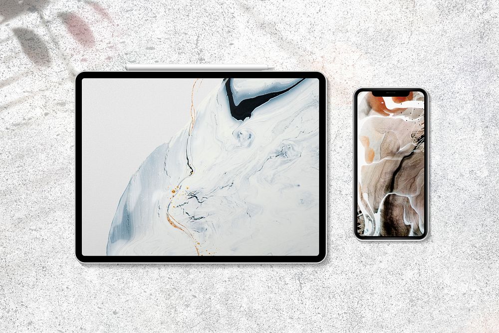 Tablet, smartphone screens with marble wallpapers