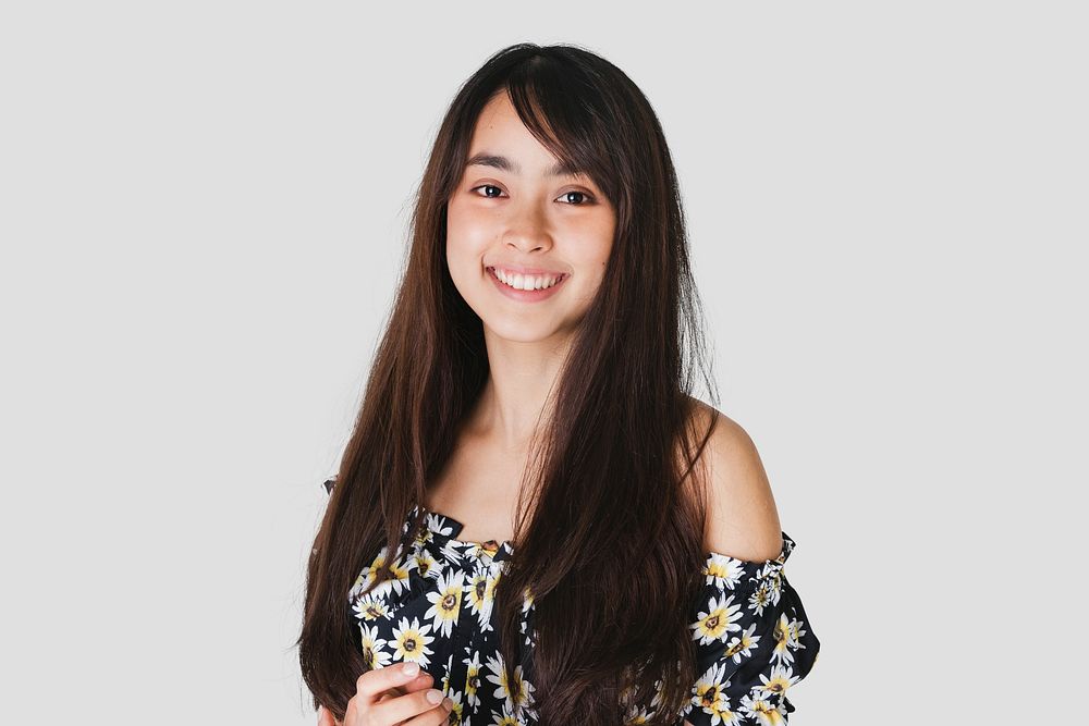 Cheerful teenager girl in studio shoot mockup