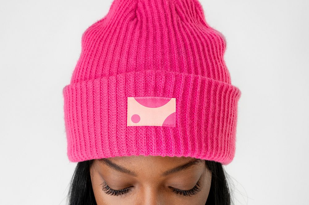 Black woman wearing a hot pink beanie mockup