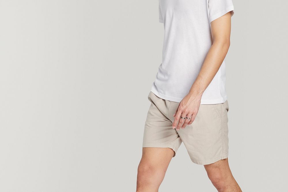 Men's white tee beige shorts psd mockup