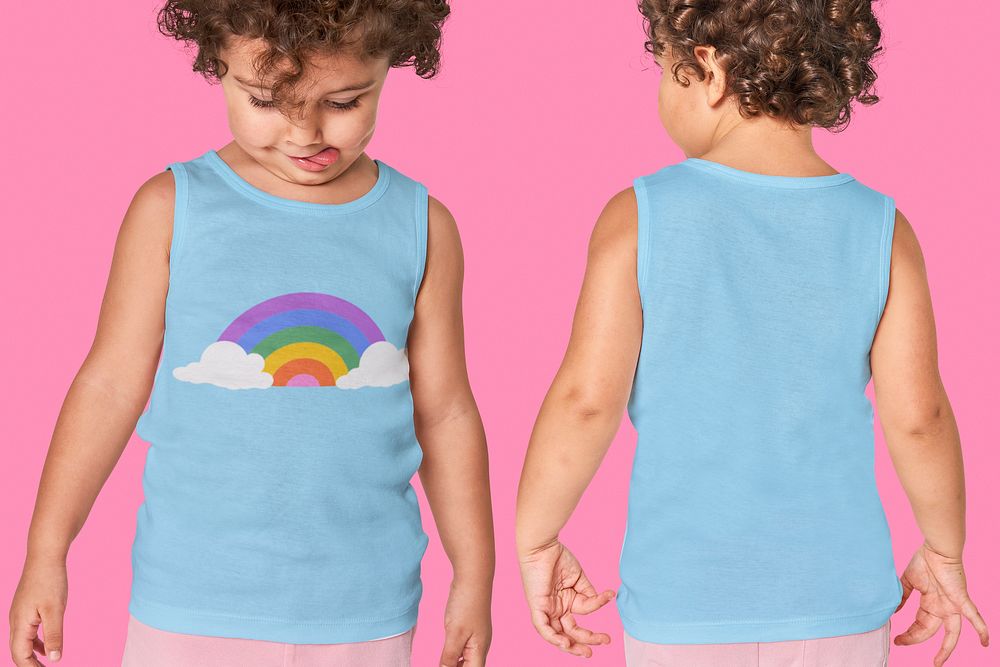 Boy in tank top, rainbow print, kid's fashion photo