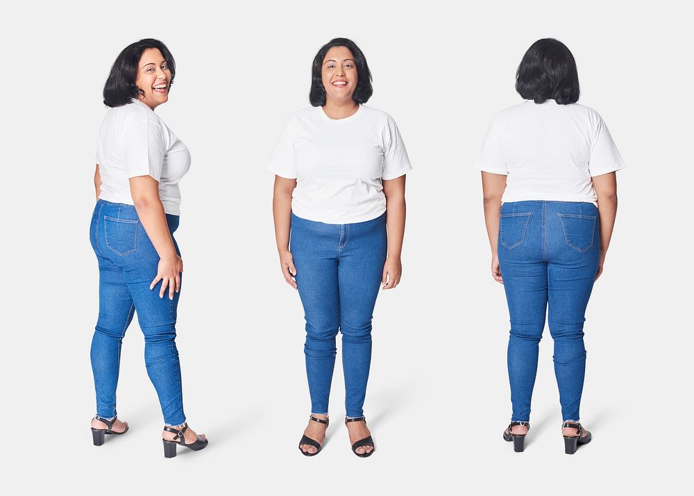 Body positivity women's white t-shirt jeans outfit apparel studio shot