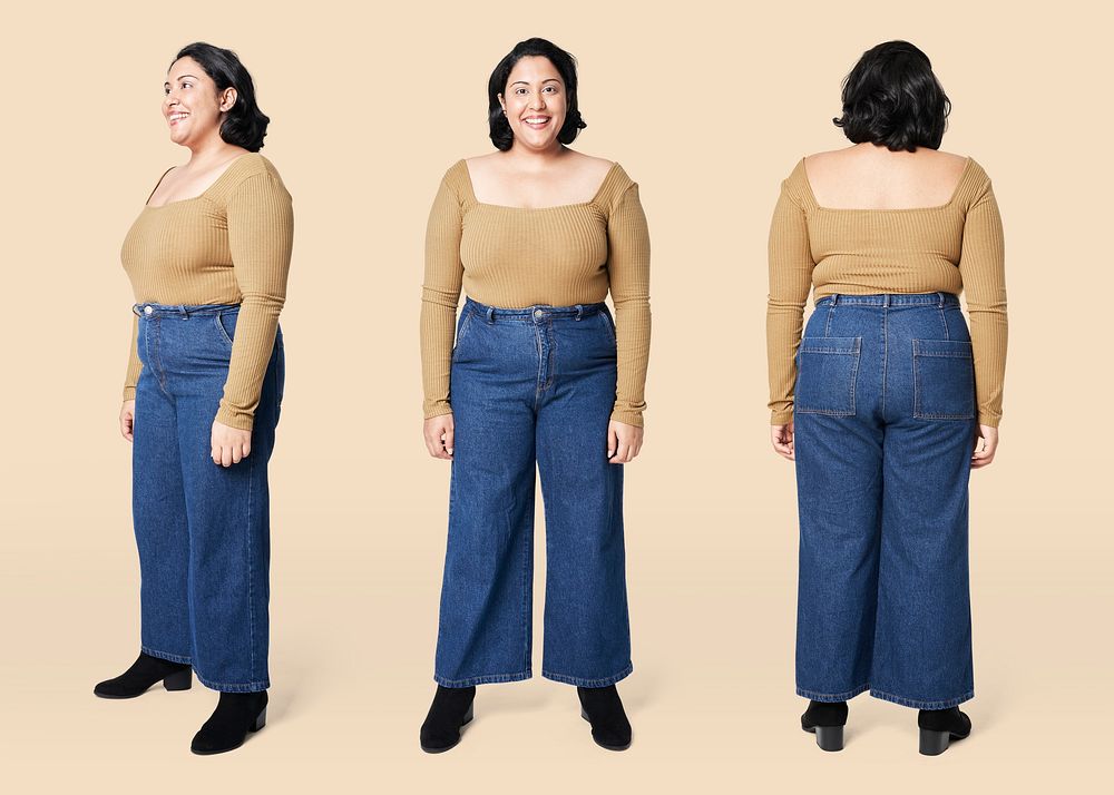 Body positivity women's jeans outfit apparel studio shot