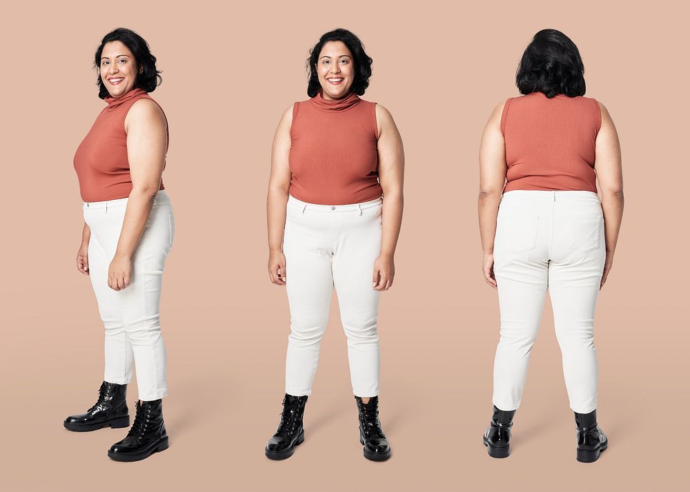 Size inclusive fashion orange top and white jeans mockup