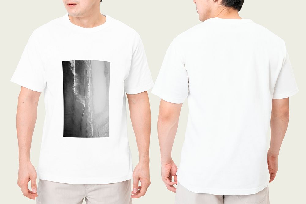 Man in abstract printed white t-shirt front and back view with design space
