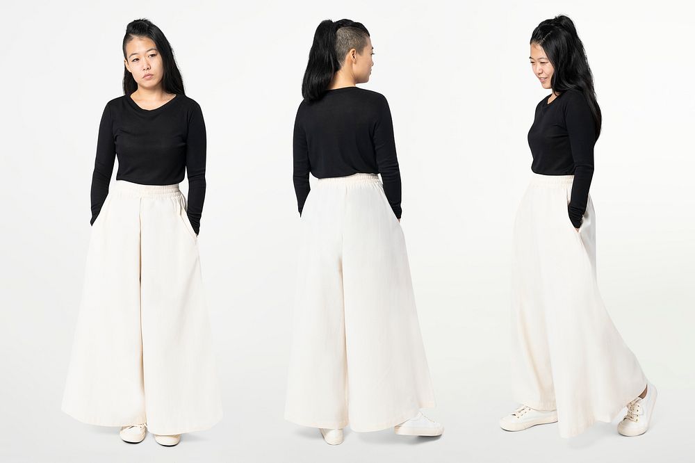 Asian woman in white palazzo pants with design space casual wear fashion full body 