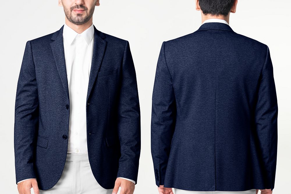 Navy blue men&rsquo;s blazer business wear fashion with design space full body and rear view set