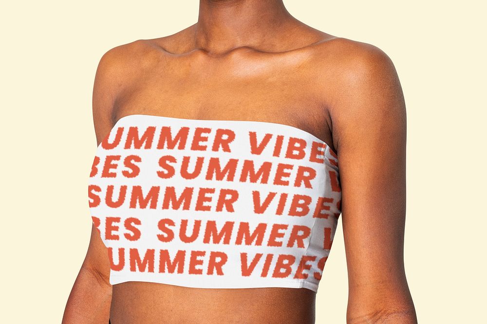 Woman in white bandeau top and summer vibes typography women&rsquo;s fashion
