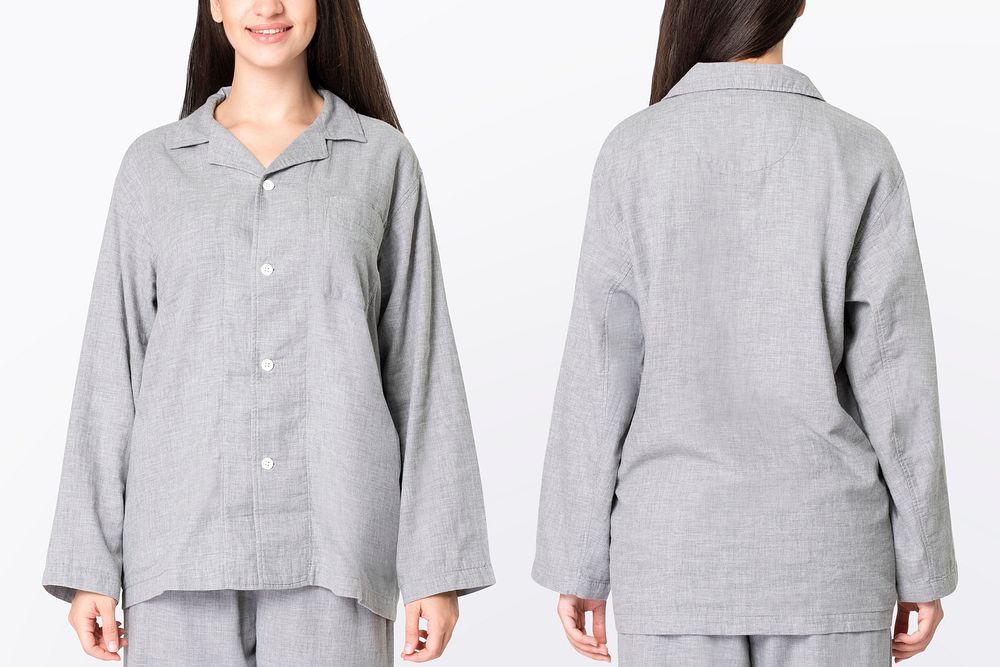 Woman in gray pajamas comfy sleepwear apparel