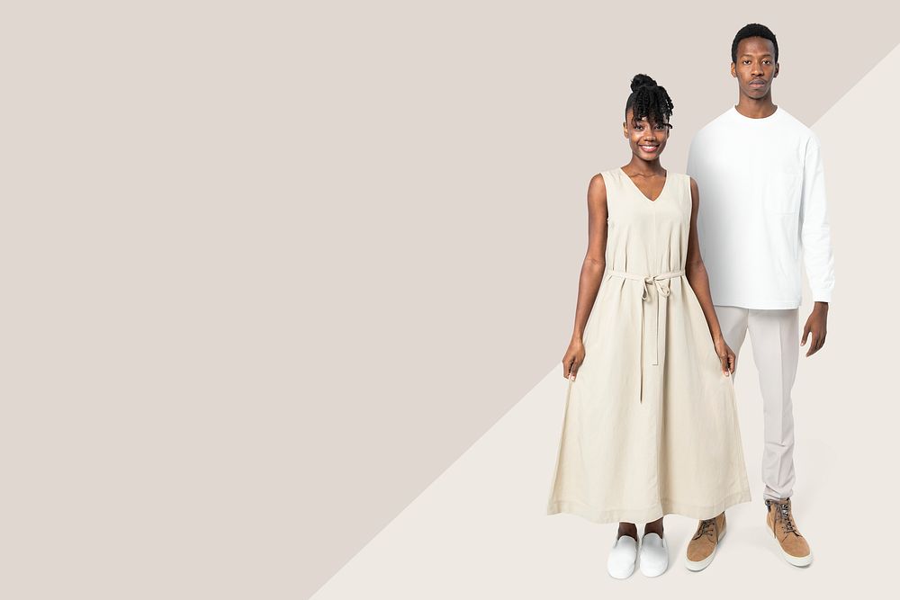 Couple in minimal outfits on beige background basic apparel