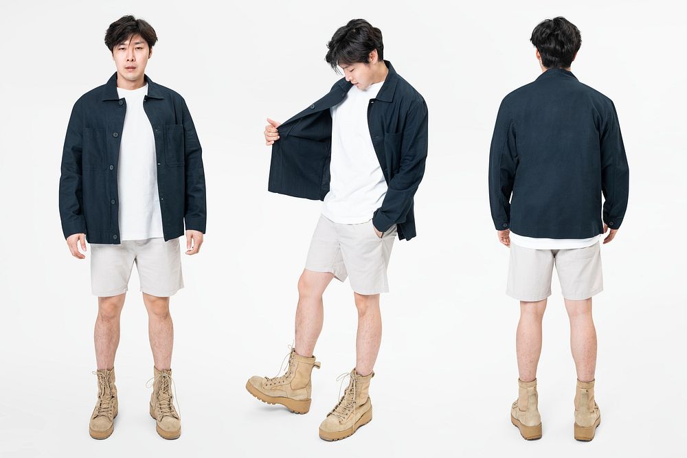 Man in navy jacket and shorts streetwear set