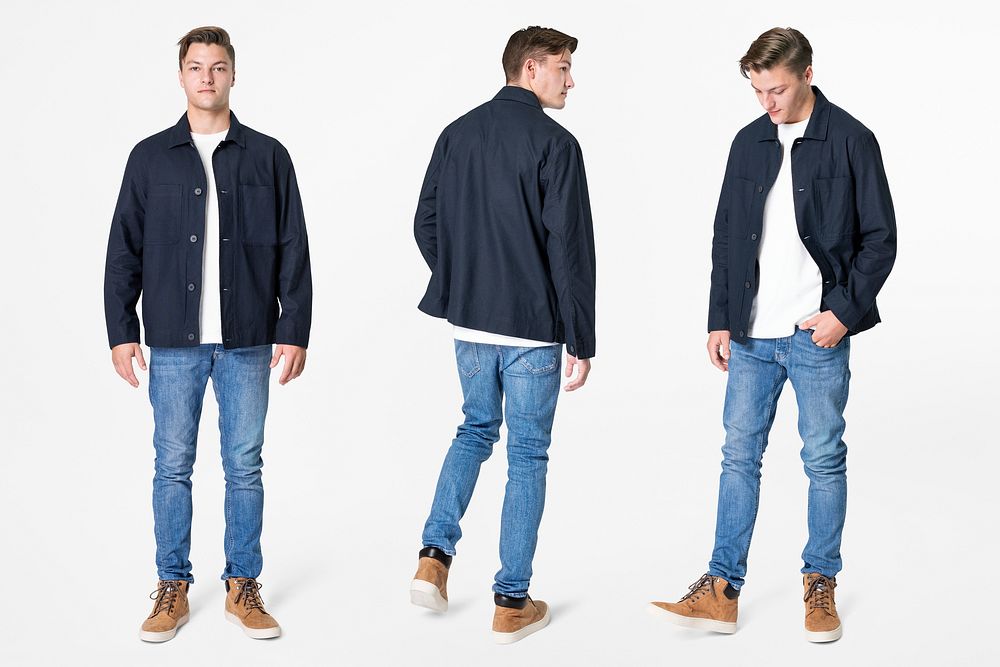 Man in navy jacket and jeans streetwear set