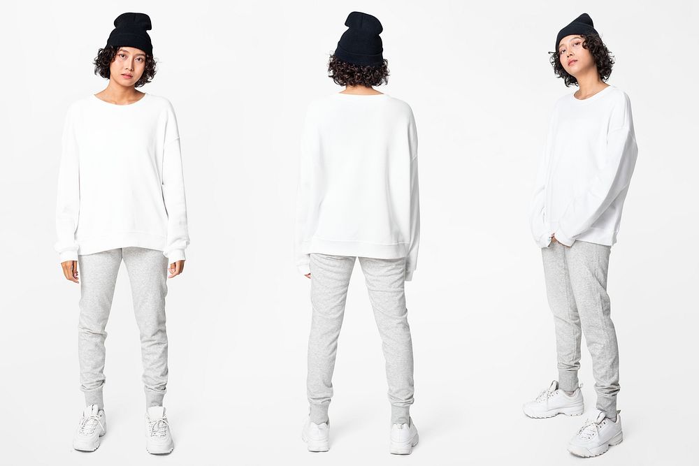 Woman in white basic sweater with design space casual apparel full body set