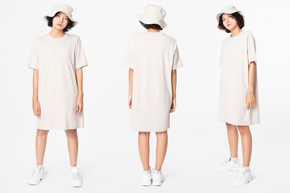 Woman in white t-shirt dress and bucket hat casual wear apparel