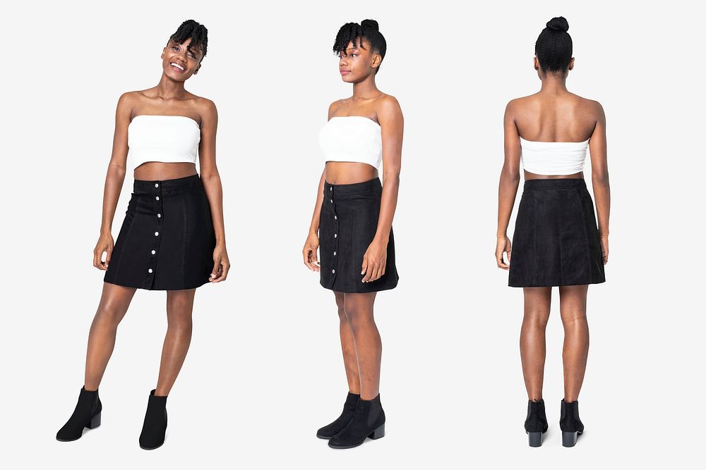 Woman in white bandeau top and black a-line skirt casual fashion set