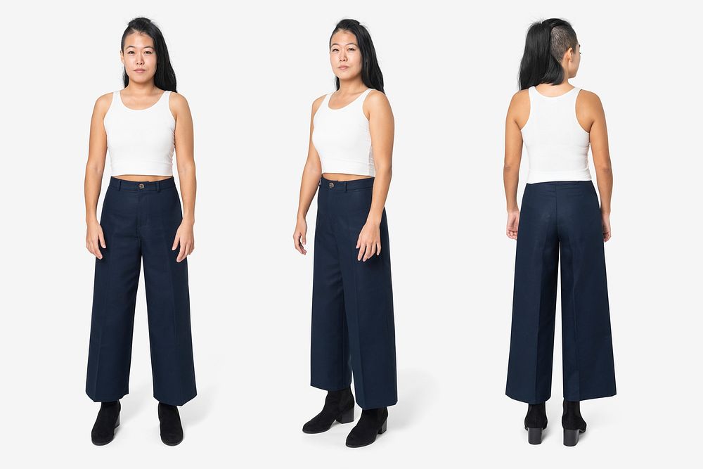 Woman mockup psd with A-line pants and tank top street fashion full body