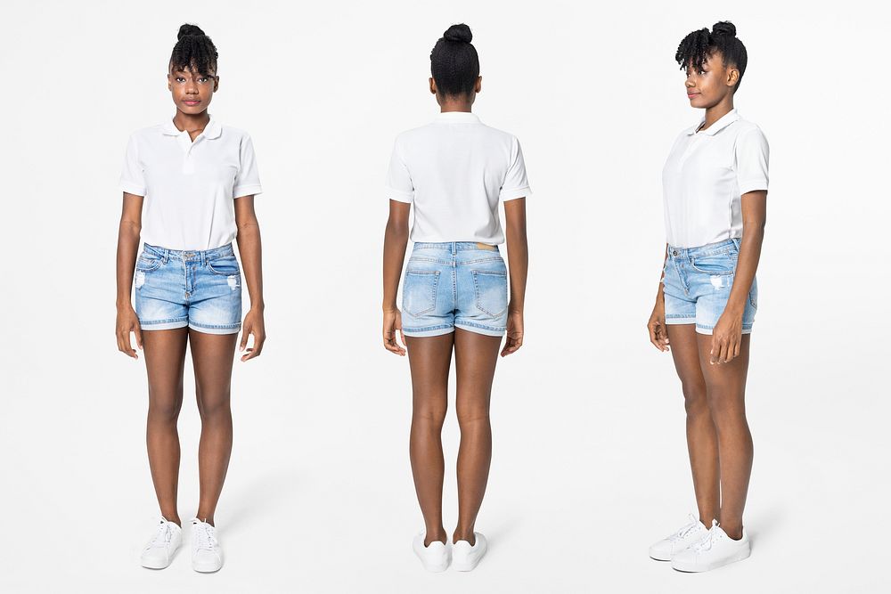 Woman mockup psd with polo shirt and denim shorts