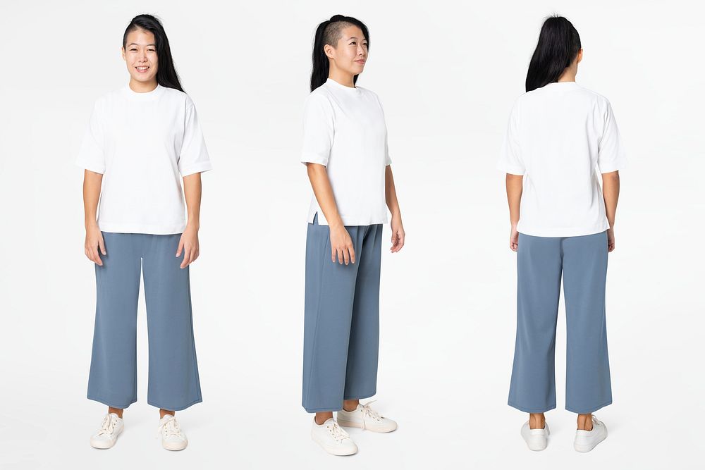 Woman in white tee and blue loose pants minimal fashion
