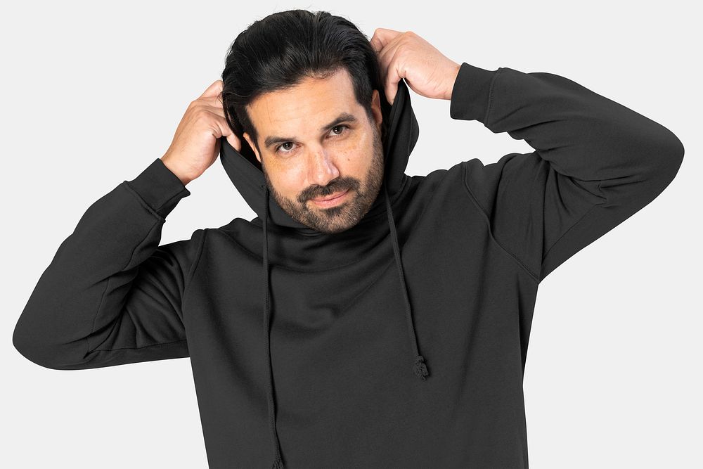Indian man wearing basic black hoodie close-up