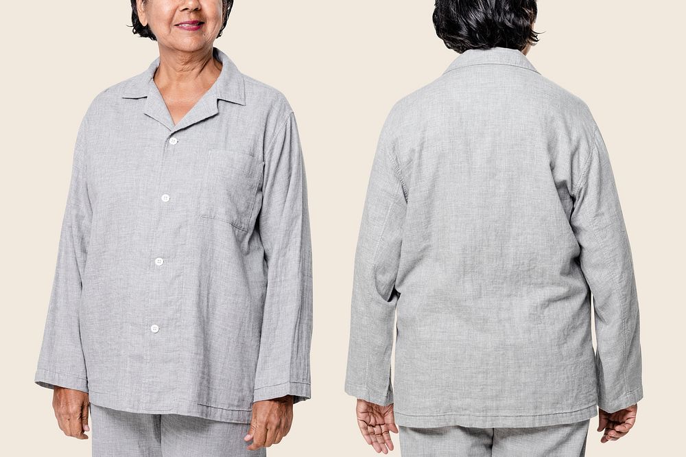 Senior woman in gray pajamas nightwear apparel