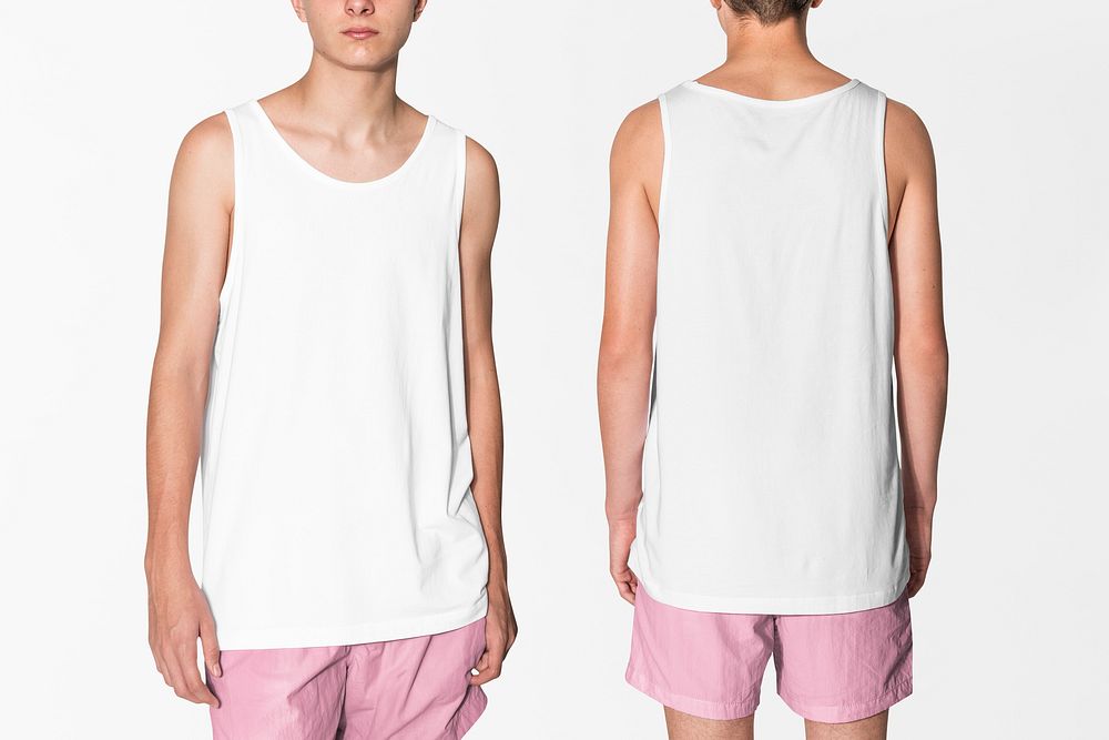 Basic men’s white tank top and pink shorts summer apparel with design space