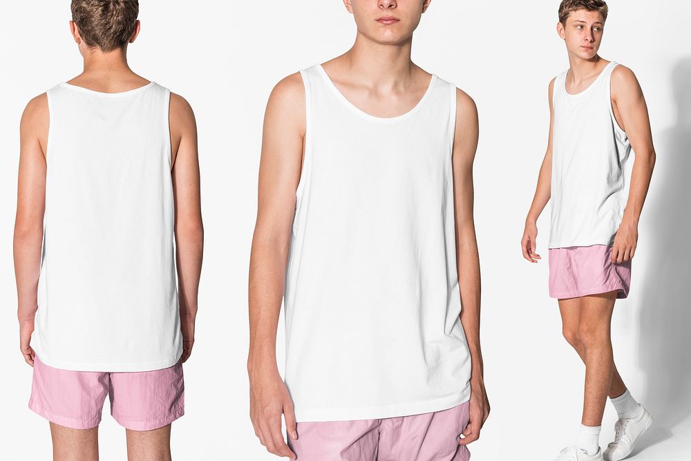 Basic men&rsquo;s white tank top and pink shorts summer apparel with design space