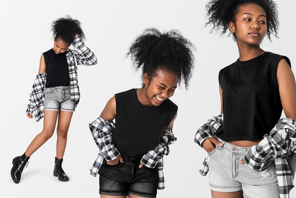 Teenage girl in black top and flannel shirt for youth apparel grunge fashion shoot