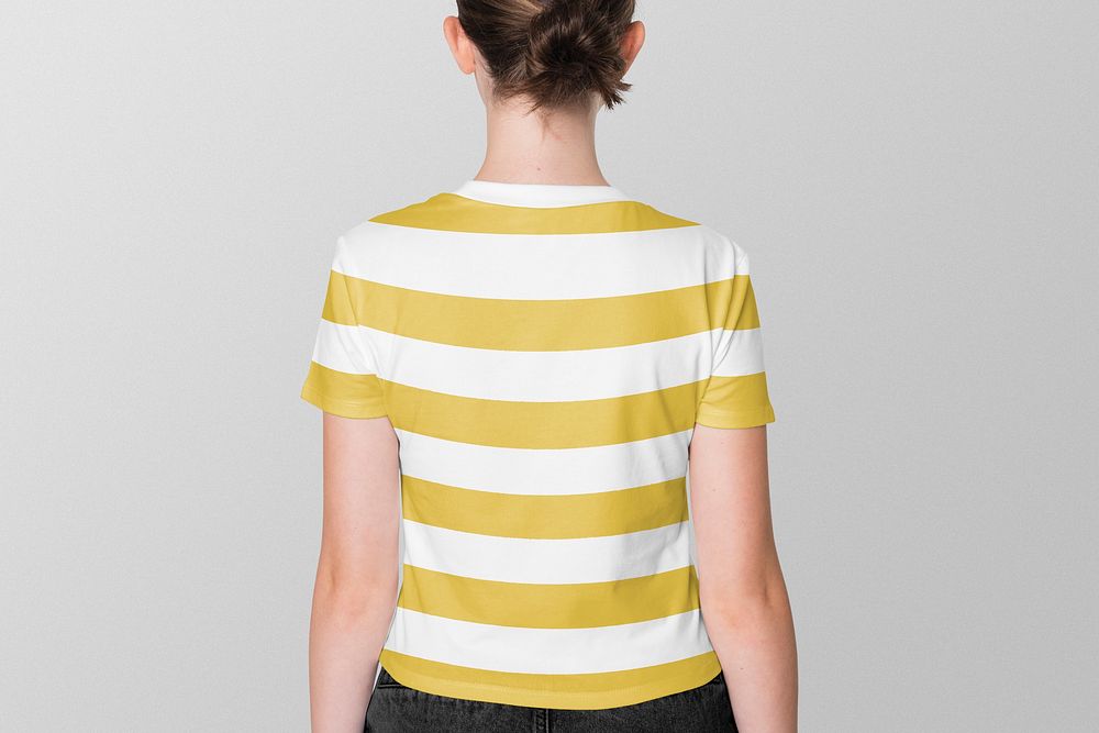 Girl in yellow striped tee teen&rsquo;s summer apparel shoot rear view