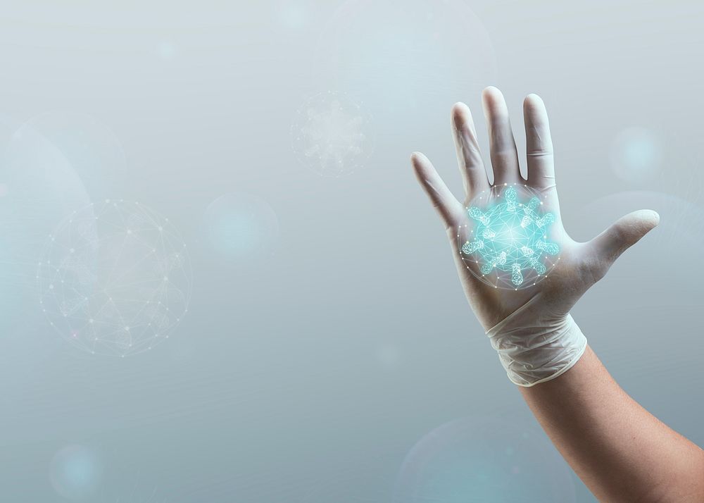 Hand in white medical glove against Coronavirus outbreak background