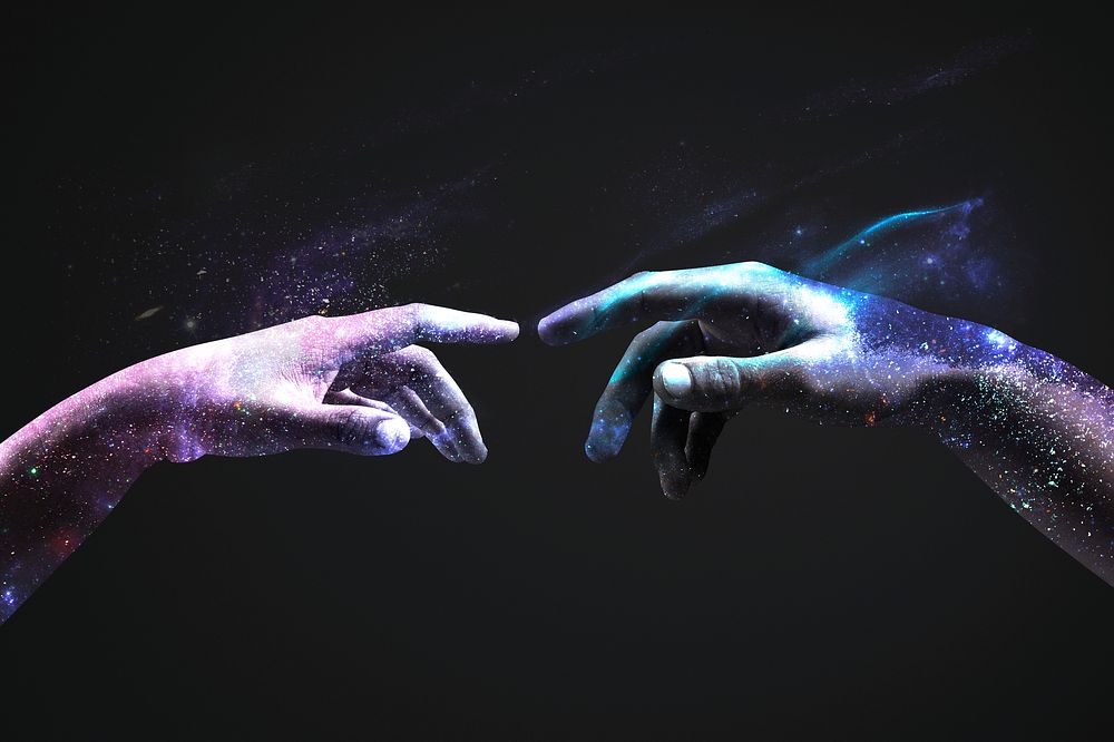 Hands in a digital universe background