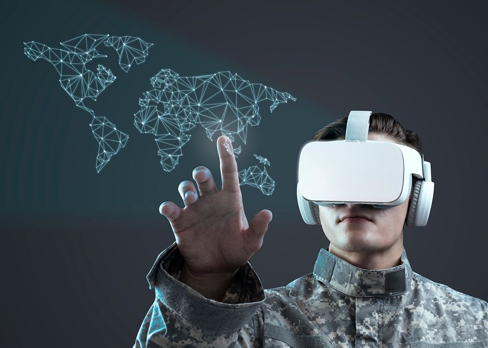 Soldier in VR headset touching hologram virtual screen military technology