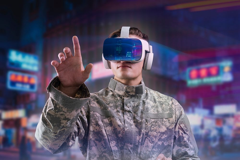 Military in VR headset touching virtual screen for simulation training military technology