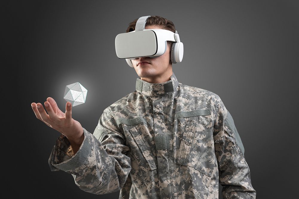 Military wearing VR headset in hologram simulation training
