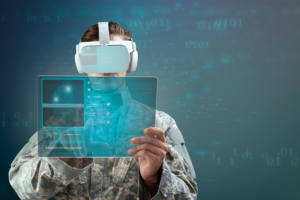 Military officer in VR headset touching virtual screen