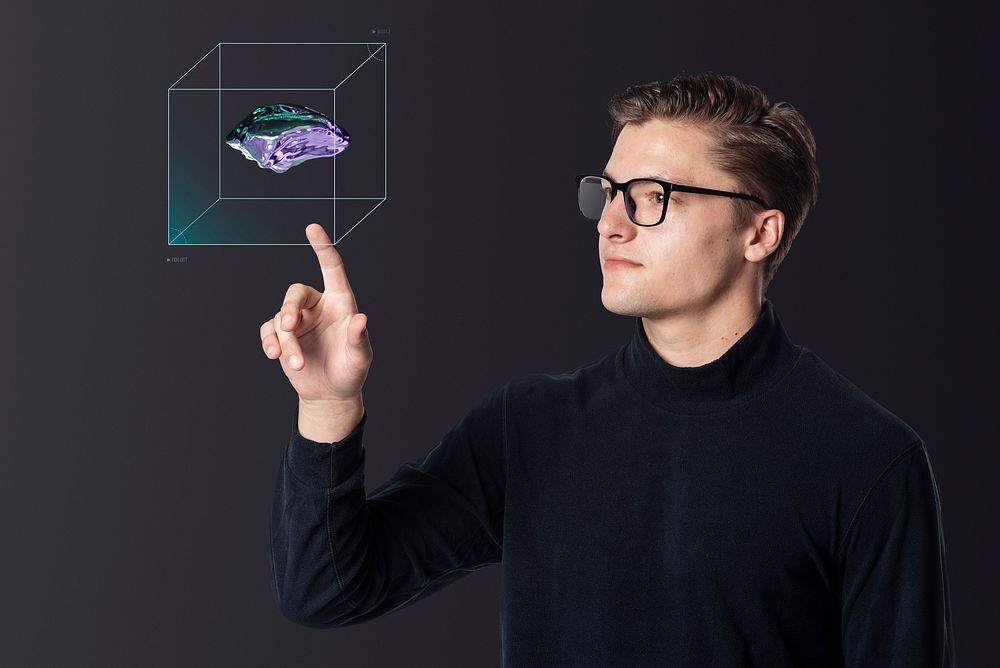 Man using an interactive transparent touch screen 