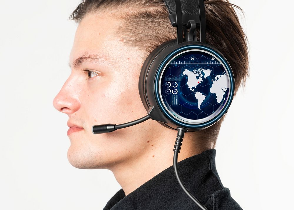 Male telemarketer with a black headset