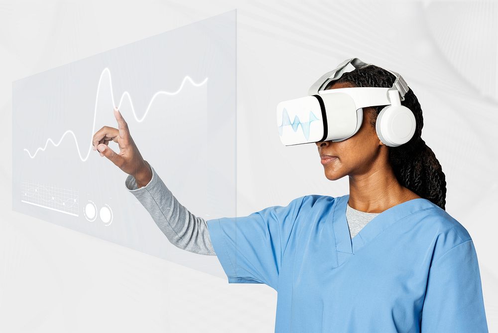 Doctor in VR glasses with medical uniform working on transparent digital screen 