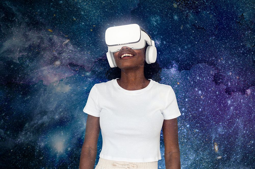 African American  woman experiencing VR simulation