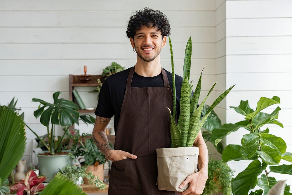 Man holding a snake plant at small business shop
