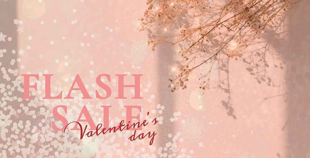 Valentine&rsquo;s day flash sale banner for social media ads with floral background