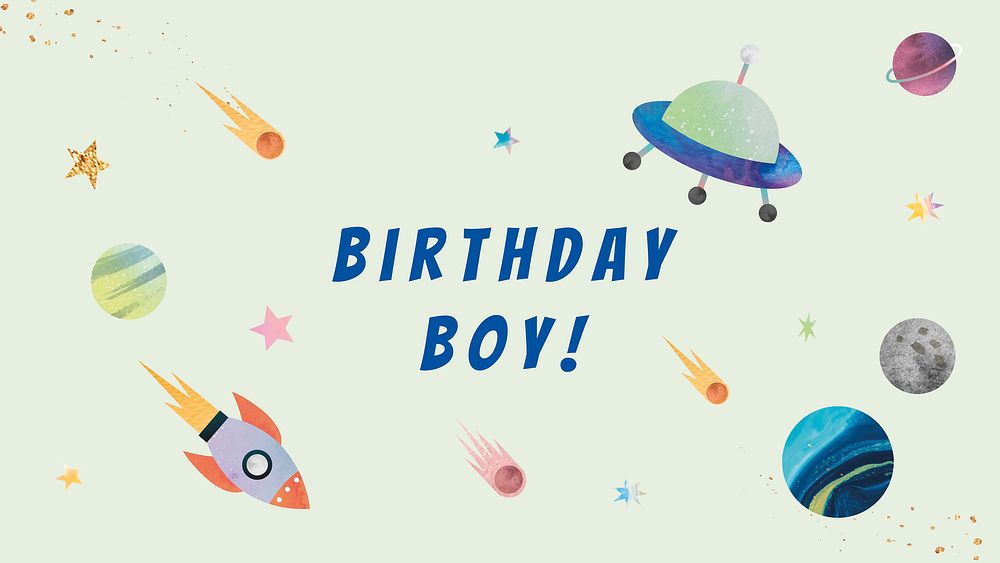 Kid's birthday greeting with space illustration for boy