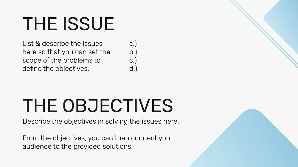 Business company presentation slide template vector with objectives topic