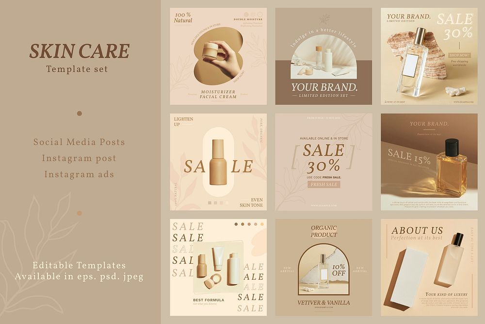 Cosmetic business template vector set for social media post