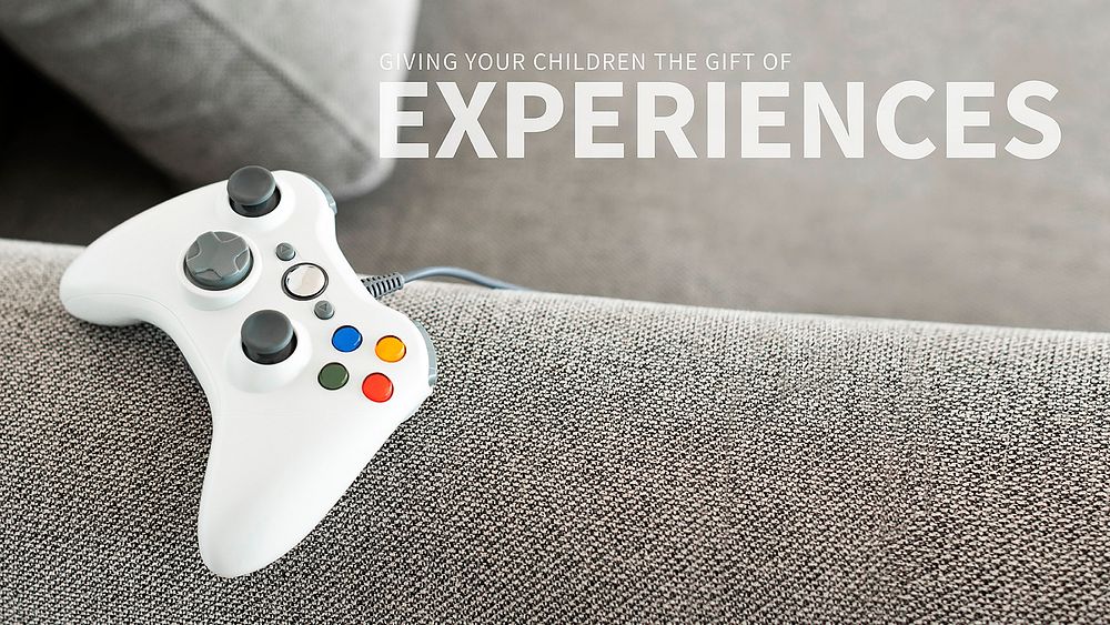 Game console on the couch banner with giving your children the gift of experiences text