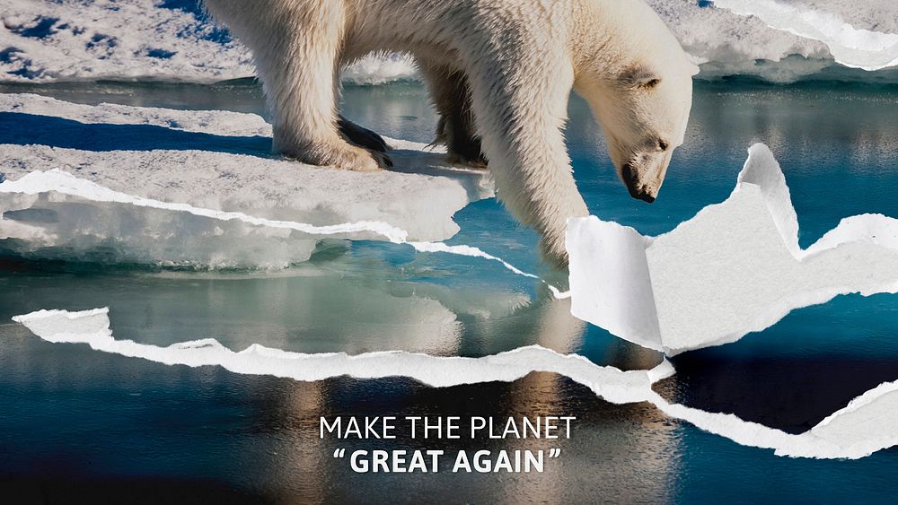 Global warming awareness template vector with ripped polar bear background