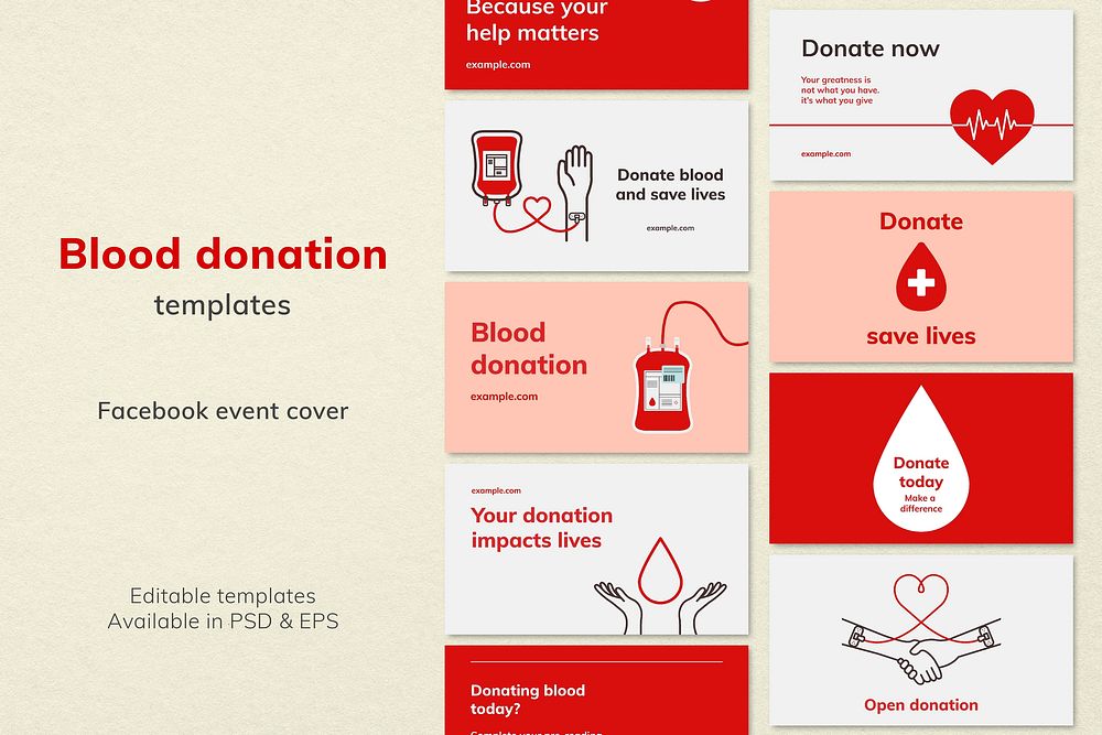 Blood donation campaign template vector blog banner in minimal style set