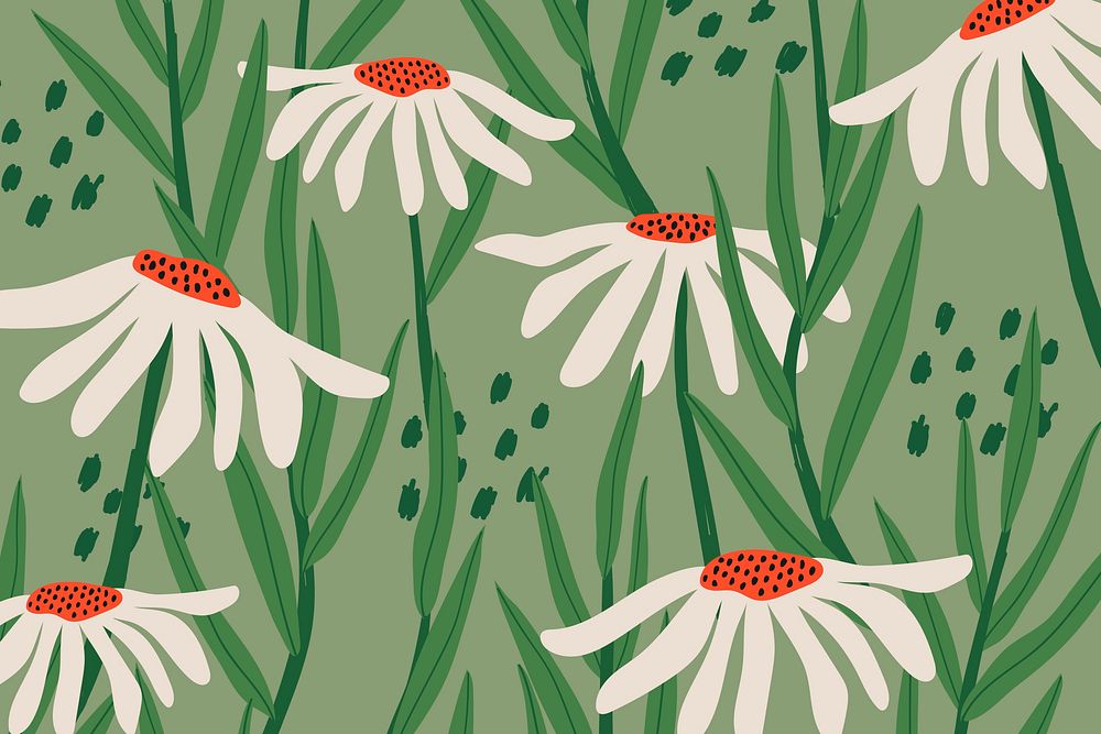 Daisy patterned green background in retro style