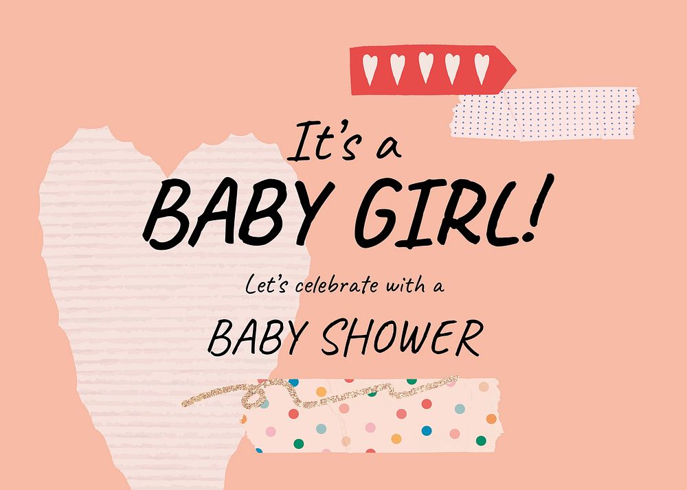 Girl baby shower template, cute feminine invitation card psd