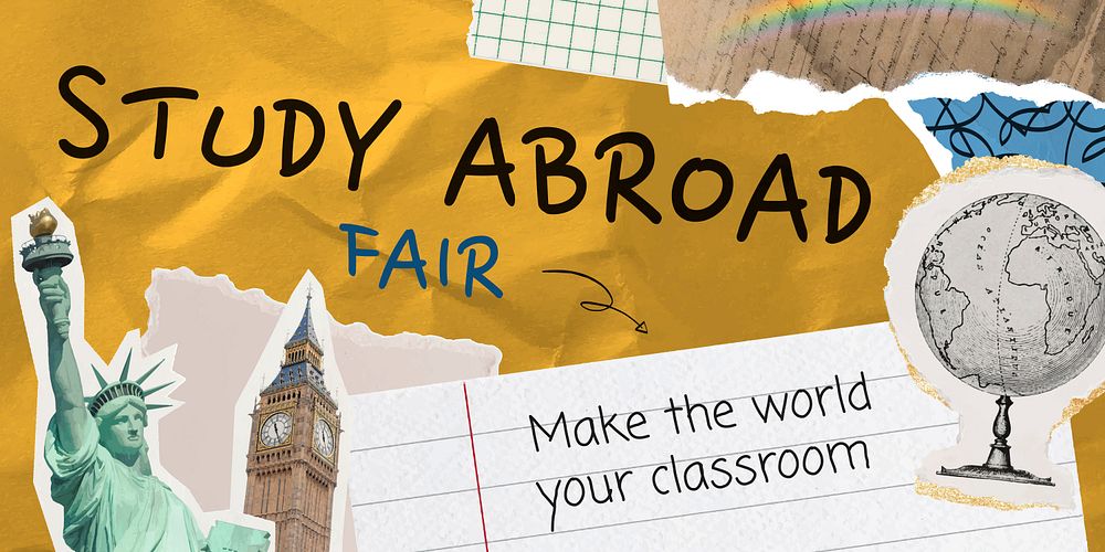 Study abroad Twitter post template, paper collage design vector